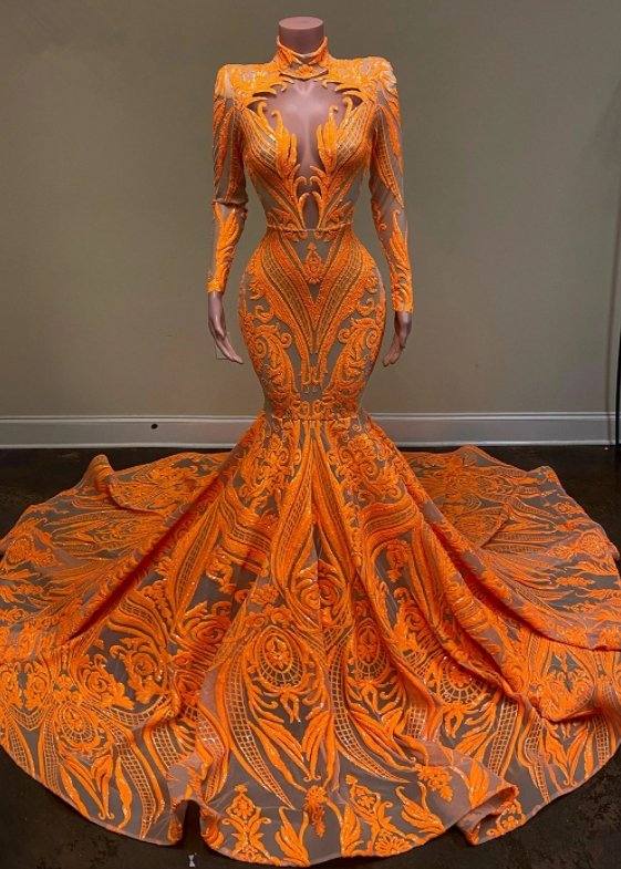 Orange Robe De Soiree Mermaid Long Sleeves Appliques Sequins Long Prom Dresses Prom Gown Evening Dresses - RongMoon