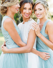 Mint Tea Length Tulle Bridesmaid Dresses, Simple A-line Wedding Guest Dresses - RongMoon