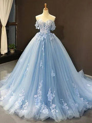 Ball Gown Tulle Off-the-Shoulder Sleeveless Applique Sweep/Brush Train Dresses - RongMoon