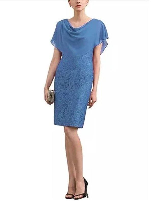 Blue Mother Of The Bride Dresses Sheath Chiffon Lace Knee Length Plus Size Groom Short Mother Dresses For Wedding - RongMoon