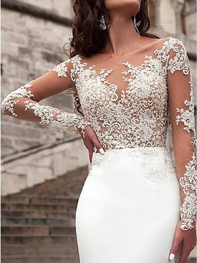 Mermaid / Trumpet Wedding Dresses V Neck Off Shoulder Sweep / Brush Train Stretch Satin Long Sleeve Country Plus Size with Lace Buttons Embroidery - RongMoon