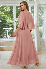 2023 Short Sleeve Appliques Chiffon Long Party Dress