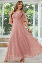 2023 Short Sleeve Appliques Chiffon Long Party Dress