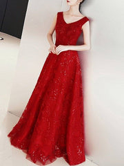 A-Line Elegant Floral Engagement Prom Dress V Neck Sleeveless Floor Length Lace Tulle with Appliques - RongMoon