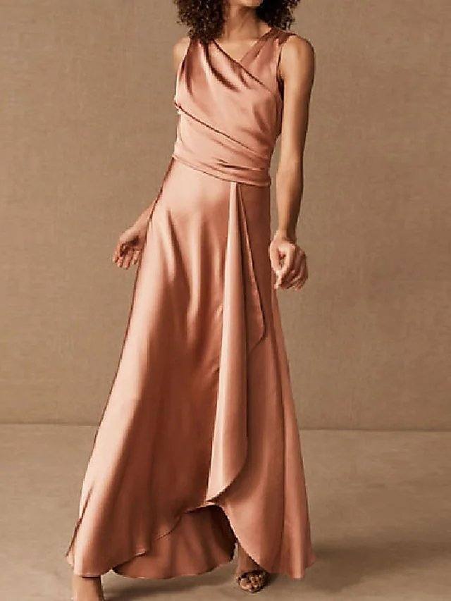 A-Line Minimalist Elegant Prom Formal Evening Dress V Neck Sleeveless Asymmetrical Charmeuse with Ruched - RongMoon