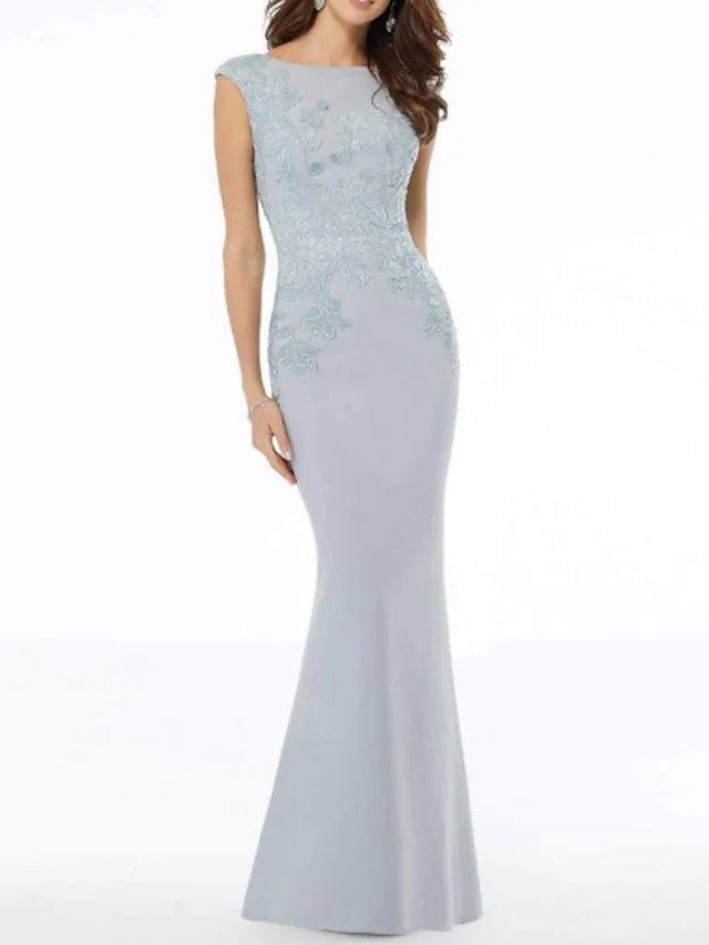 Mermaid / Trumpet Mother of the Bride Dress Elegant Jewel Neck Floor Length Lace Polyester Sleeveless with Beading Appliques - RongMoon