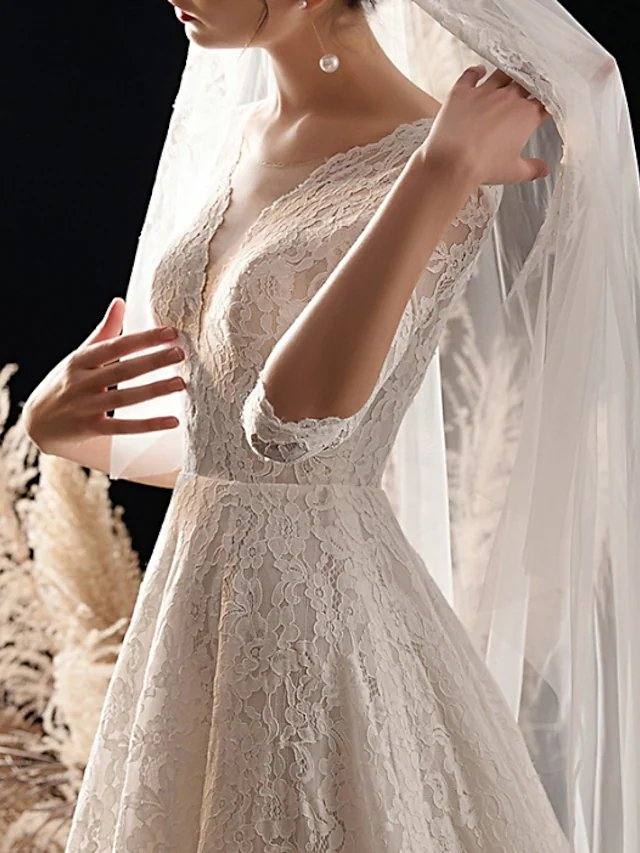A-Line Wedding Dresses V Neck Sweep / Brush Train Lace 3/4 Length Sleeve Formal Romantic Vintage with Pleats - RongMoon