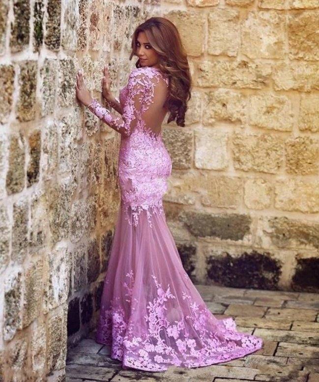 Pink Muslim Evening Dresses Mermaid Long Sleeves Tulle Appliques Lace Islamic Dubai Saudi Arabic Long Formal Evening Gown - RongMoon