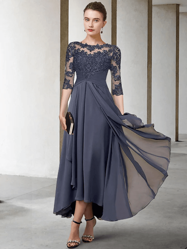 A-Line Mother of the Bride Dress Plus Size Elegant High Low Jewel Neck Asymmetrical Tea Length Chiffon Lace - RongMoon