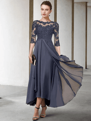 A-Line Mother of the Bride Dress Plus Size Elegant High Low Jewel Neck Asymmetrical Tea Length Chiffon Lace - RongMoon