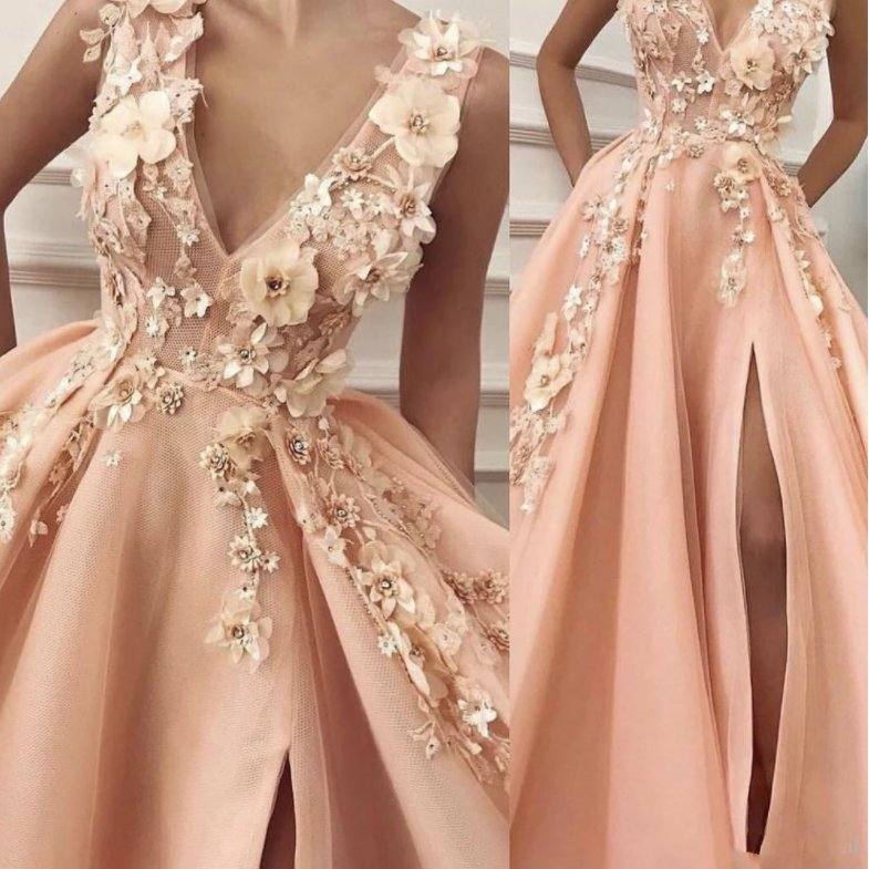 Peach Robe De Soiree Ball Gown V-neck Tulle Flowers Beaded Slit Sexy Long Party Prom Dresses Prom Gown Evening Dresses - RongMoon