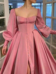 A-Line/Princess Long Sleeves Square Ruffles Satin Floor-Length Dresses - RongMoon