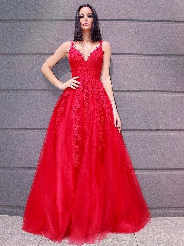 A-Line/Princess Tulle V-neck Floor-Length Applique Sleeveless Dresses - RongMoon
