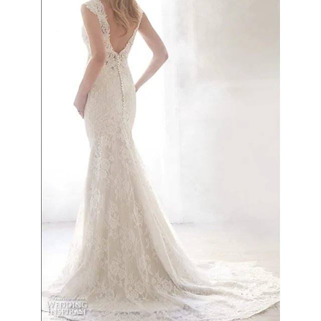 Sheath / Column Wedding Dresses V Neck Sweep / Brush Train Lace Sleeveless Romantic with Appliques - RongMoon