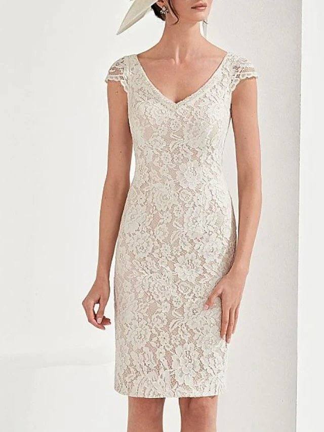 Two Piece Sheath / Column Mother of the Bride Dress Elegant V Neck Knee Length Lace Satin 3/4 Length Sleeve with Appliques - RongMoon