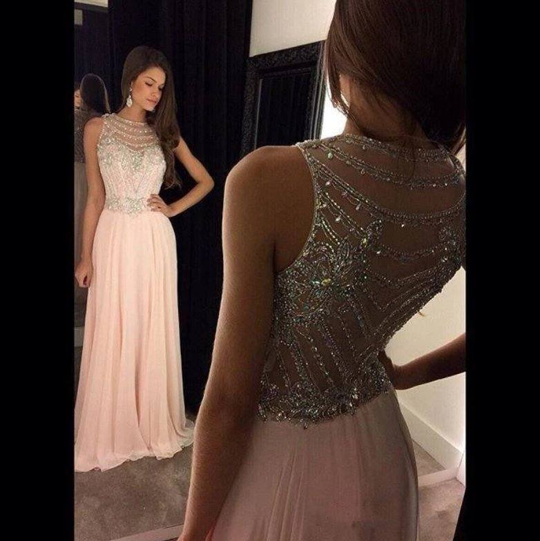 Blush Robe De Soiree A-line Chiffon Beaded Crystals See Through Sexy Long Prom Dresses Prom Gown Evening Dresses - RongMoon