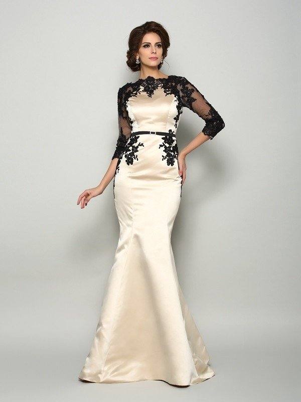 Trumpet/Mermaid Bateau Lace 1/2 Sleeves Long Satin Mother of the Bride Dresses - RongMoon