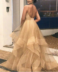 Ball Gown Ruffles Prom Dresses Tulle Sequins V Neck