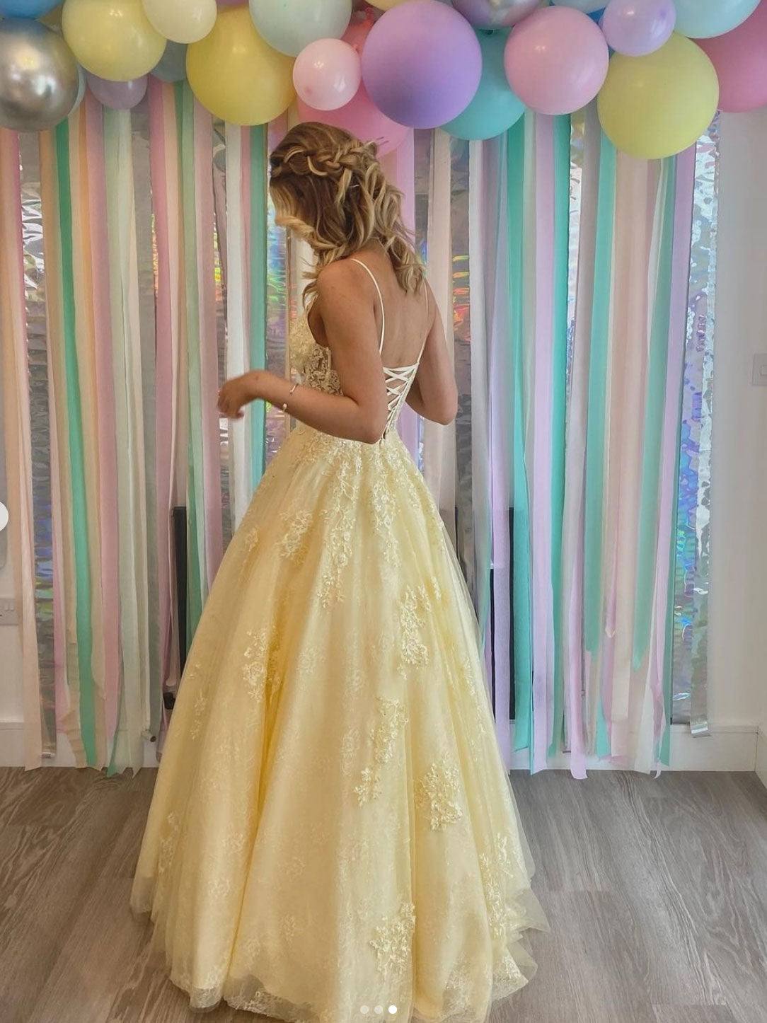 Yellow v neck tulle lace long prom dress, yellow formal dress - RongMoon