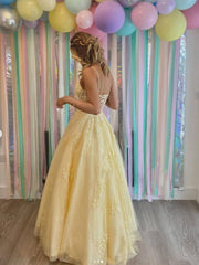 Yellow v neck tulle lace long prom dress, yellow formal dress - RongMoon