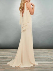 Sheath / Column Mother of the Bride Dress Elegant V Neck Floor Length Chiffon Sleeveless with Tier Ruching - RongMoon