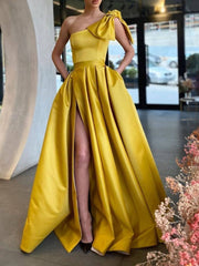 Simple Yellow one shoulder satin long prom dress, yellow evening dress - RongMoon