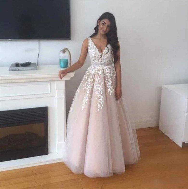 Blush Robe De Soiree A-line V-neck Tulle Appliques Lace Beaded Elegant Long Prom Dresses Prom Gown Evening Dresses - RongMoon