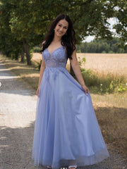 Blue v neck tulle lace long prom dress blue tulle lace evening dress - RongMoon