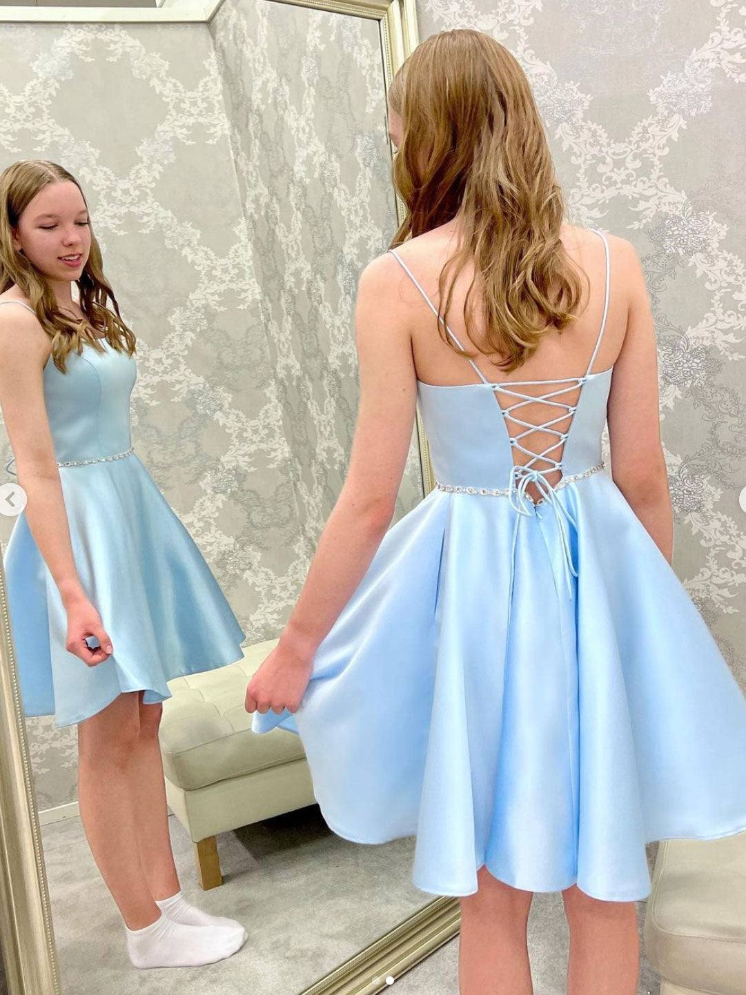 Blue  satin beads short prom dress, blue homecoming dress - RongMoon