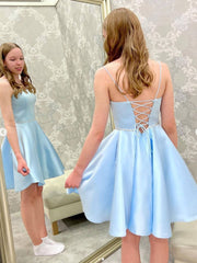 Blue  satin beads short prom dress, blue homecoming dress - RongMoon