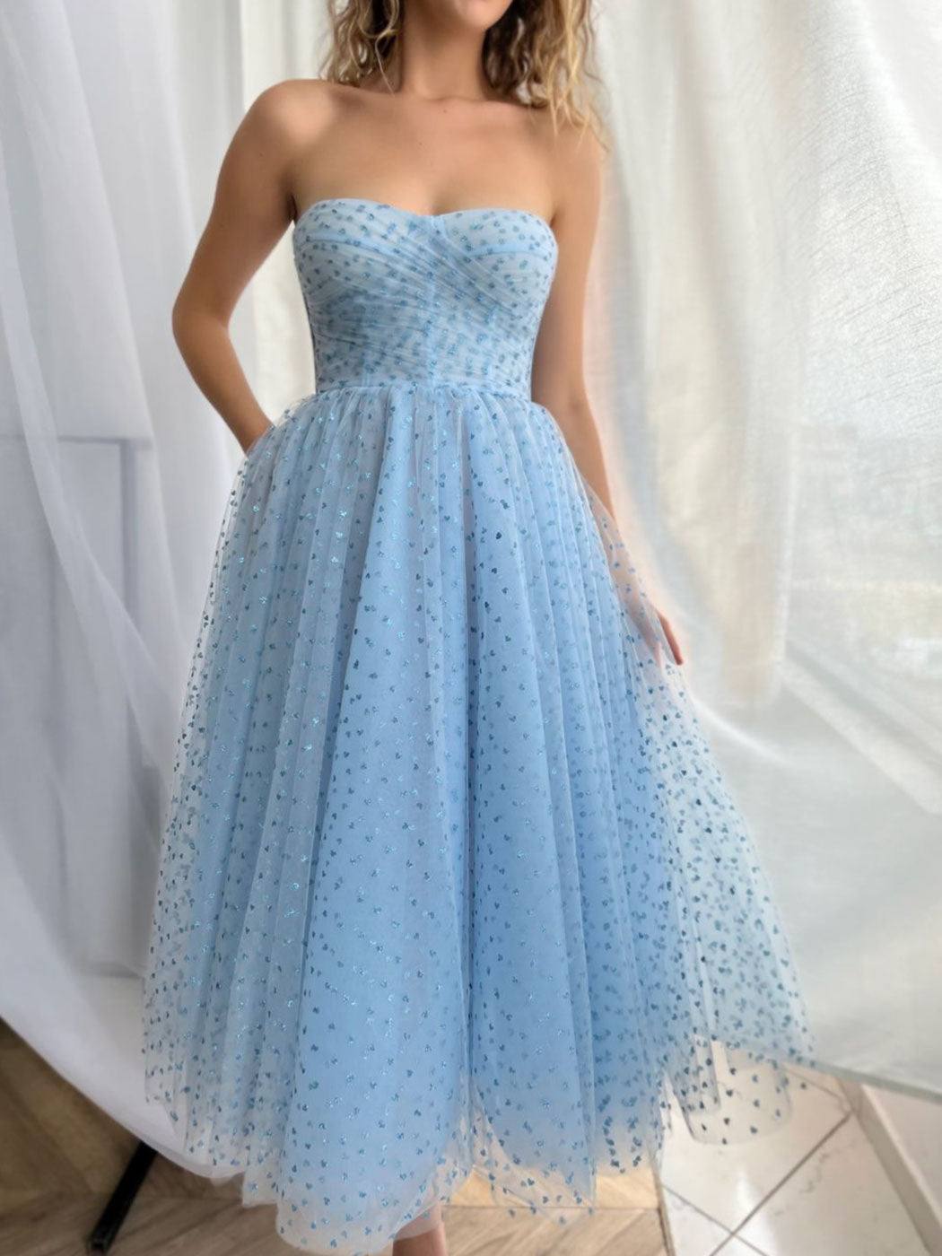 Aline Blue Short Prom Dresses, Sweetheart Neck Tulle Blue Homecoming Bridesmaid Dresses - RongMoon