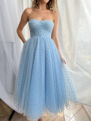 Aline Blue Short Prom Dresses, Sweetheart Neck Tulle Blue Homecoming Bridesmaid Dresses - RongMoon