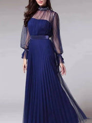 A-Line Mother of the Bride Dress Elegant See Through High Neck Floor Length Tulle Long Sleeve with Sash / Ribbon Pleats - RongMoon