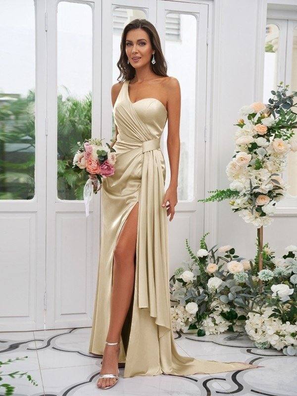 Sheath/Column Charmeuse Ruched One-Shoulder Sleeveless Floor-Length Bridesmaid Dresses - RongMoon