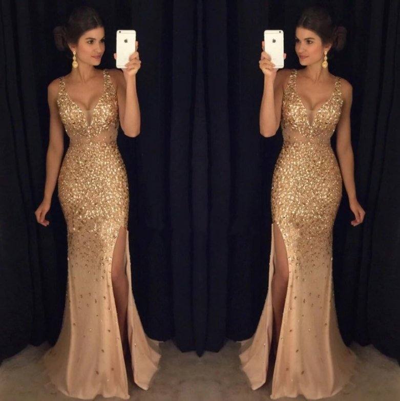 Luxurious Robe De Soiree Mermaid V-neck Tulle Beaded Crystals Slit Sexy Long Prom Dresses Prom Gown Evening Dresses - RongMoon