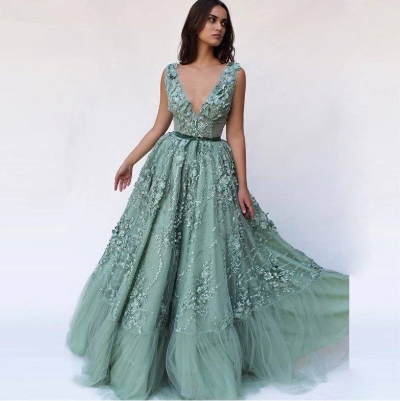 Mint Muslim Evening Dresses A-line V-neck Tulle Lace Flowers Pearl Long Islamic Dubai Saudi Arabic Long Formal Evening Gown - RongMoon