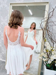 White chiffon lace short prom dress, whit homecoming dress - RongMoon
