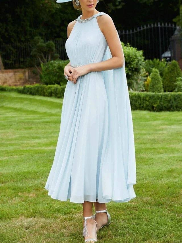 Two Piece Sheath / Column Mother of the Bride Dress Elegant Jewel Neck Ankle Length Chiffon Sleeveless with Sash / Ribbon Pleats Beading - RongMoon