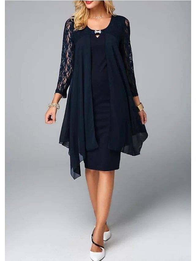 Sheath / Column Mother of the Bride Dress Plus Size Jewel Neck Knee Length Chiffon 3/4 Length Sleeve with Lace Crystals - RongMoon