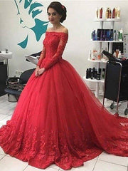 Ball Gown Off-the-Shoulder Long Sleeves Lace Tulle Court Train Dresses - RongMoon