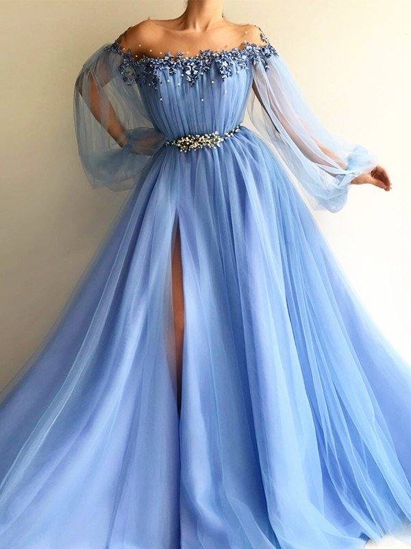 A-Line/Princess Long Sleeves Off-the-Shoulder Tulle Beading Floor-Length Dresses - RongMoon