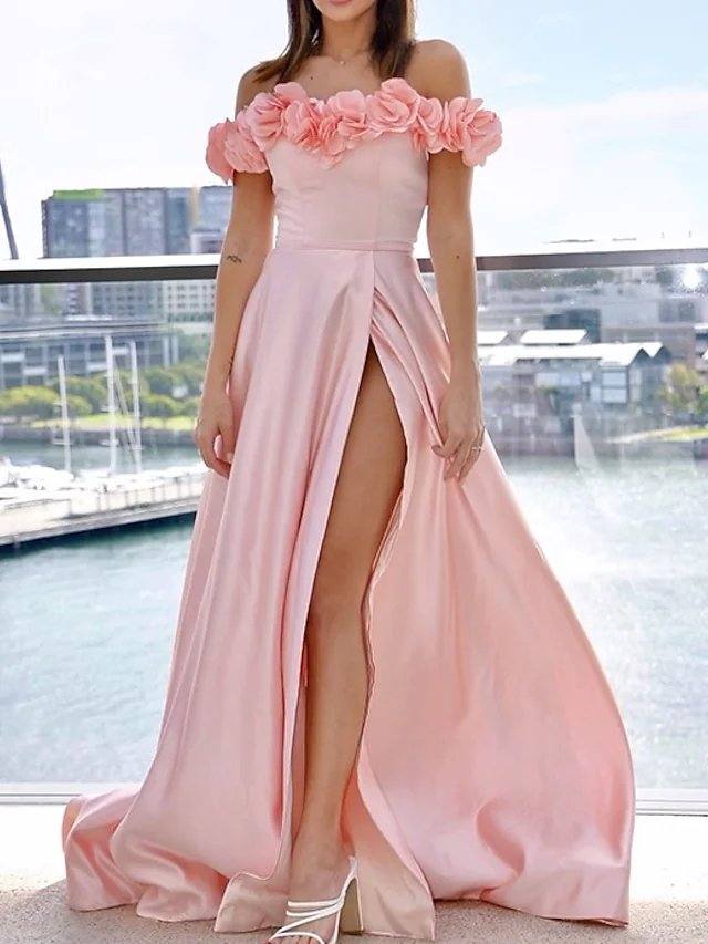 A-Line Elegant Floral Engagement Formal Evening Dress Off Shoulder Sleeveless Sweep / Brush Train Satin with Split Pattern / Print - RongMoon
