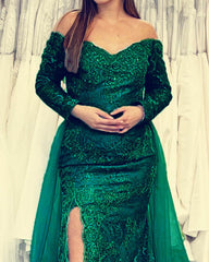 Dark Green Mermaid Lace Prom Dresses Off Shoulder