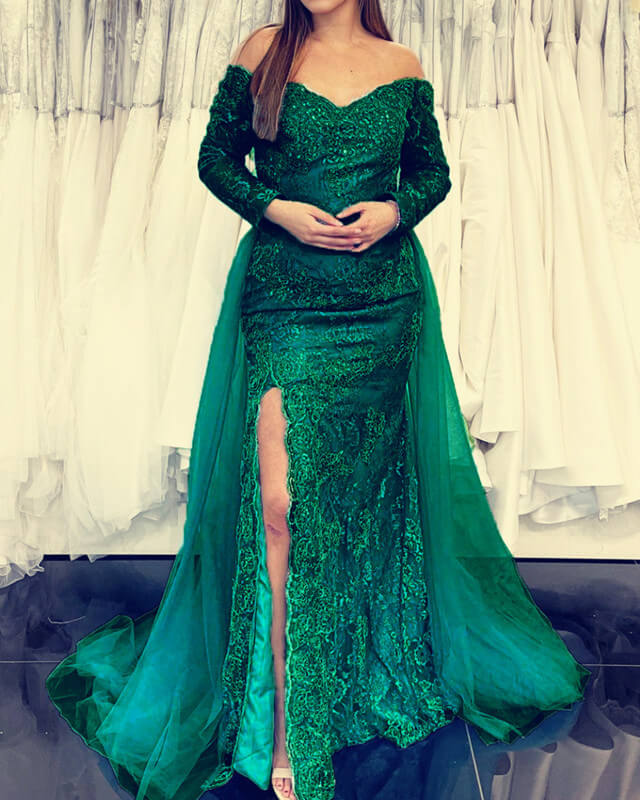Dark Green Mermaid Lace Prom Dresses Off Shoulder