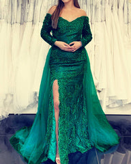 Dark Green Mermaid Lace Prom Dresses Off Shoulder