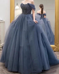 Dusty Blue Tulle Prom Dresses Off Shoulder
