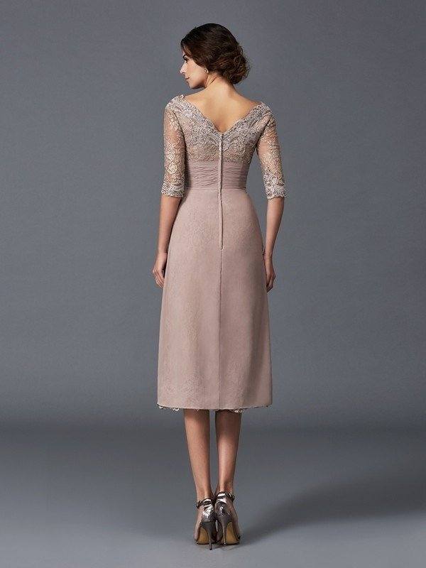 A-Line/Princess V-neck Hand-Made Flower 1/2 Sleeves Short Lace Mother of the Bride Dresses - RongMoon