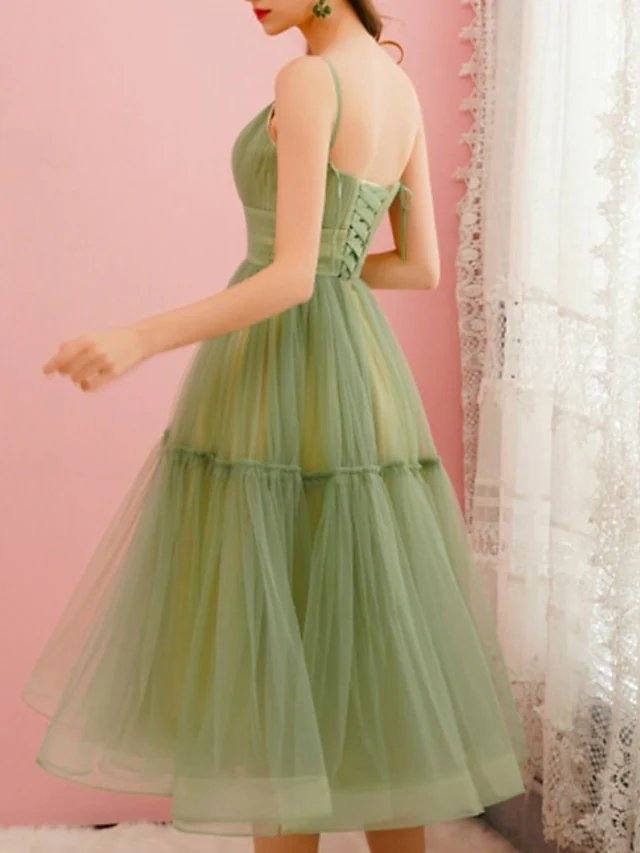 A-Line Spring Cocktail Party Prom Dress Spaghetti Strap Sleeveless Tea Length Satin Tulle with Pleats Ruched - RongMoon