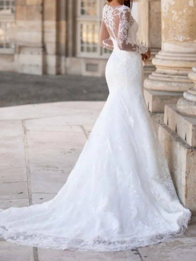 Mermaid / Trumpet Wedding Dresses Jewel Neck Court Train Lace Tulle Long Sleeve Formal with Appliques - RongMoon