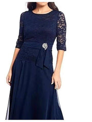 A-Line Mother of the Bride Dress Elegant Sexy Jewel Neck Ankle Length Chiffon Lace Half Sleeve with Sash / Ribbon Crystals - RongMoon